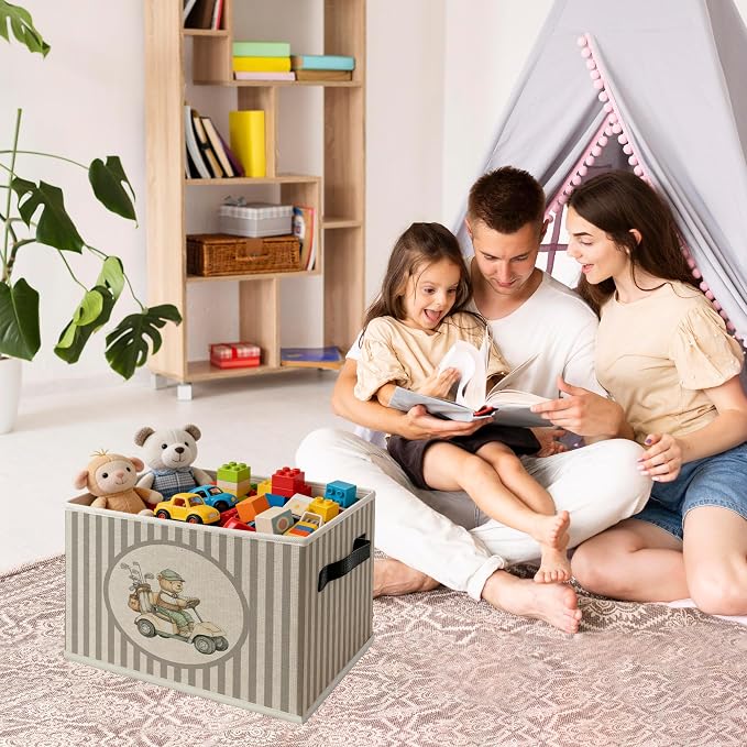Vintage Bear Golf Nursery Foldable Storage Bins Box with Handles, Neutral Striped Bear Golf Cart Sports Collapsible Organizer Basket for Boys Kids Bedroom Bathroom Playroom Clothes Books