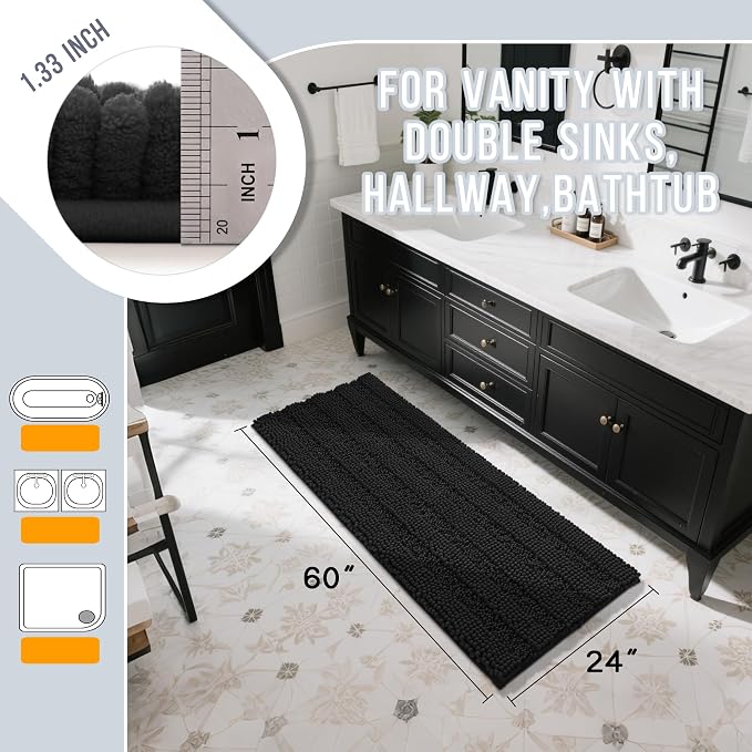 Yimobra Bathroom Runner Rugs 60"x24", Non Slip and Absorbent Bath Mat, Super Soft Water Absorbent Hallway Carpet, Machine Washable Rug for Vanity Tub Shower, Black