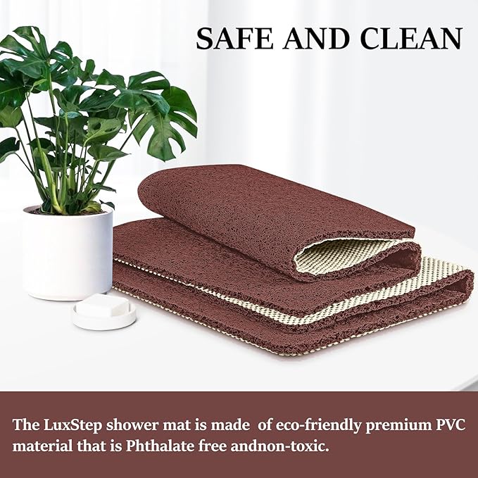 LuxStep Shower Mat Bathtub Mat,24x36 inch, Non-Slip Bath Mat with Drain, Quick Drying PVC Loofah Bathmat for Tub,Shower,Bathroom,Reddish Brown