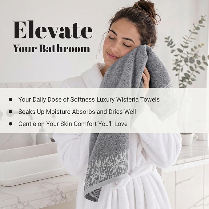 Superior Floral Jaquard Cotton Hand Towels, 4 Pack Towel Set, Grey | 0