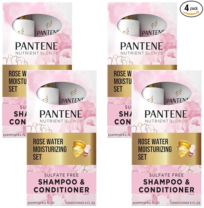 Pantene Nutrient Blends Miracle Moisture Boost Rose Water Shampoo & Conditioner Dual Pack for Dry Hair, Sulfate Free (Pack of 4)