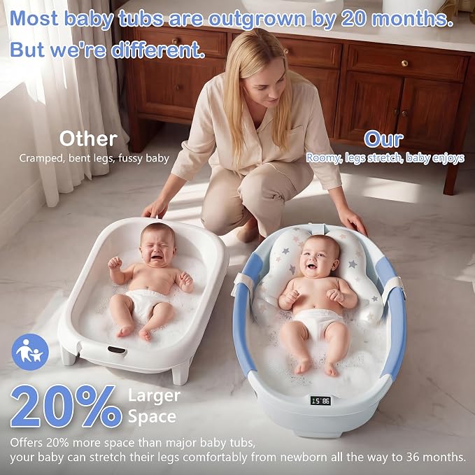Collapsible Baby Bathtub - Large Baby Bath Tub with Thermometer | Bath Essential Bañera para Bebe Easy Fold Baby Tub | Travel Infant Newborn Toddler Bathtub for Baby Girl Boy 0 to 36 Months (Blue)