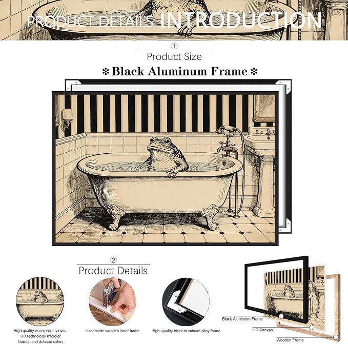 Vintage Frog in Bathtub Bathroom Wall Art Whimsical Toad Clawfoot Tub Poster Antique Striped Bathroom Illustration Print Aesthetic Wall Decor for Powder Room Apartment 20X30 in Black Framed