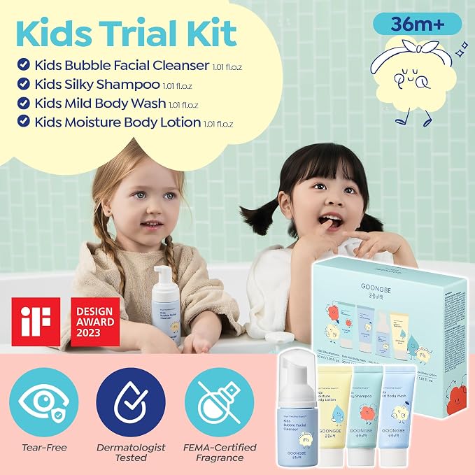 GOONGBE Kids Travel Toiletry Set – 4-in-1 TSA Carry-On Kit with Shampoo, Body Wash, Face Cleanser (Sunscreen Removal) & Lotion, Silicone-Free Low pH for Sensitive Skin1oz Each
