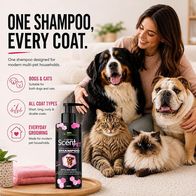 Pet Shampoo for Dogs & Cats, Deep Cleansing Coat Care & Lasting Freshness | Baby Powder scent, nanoSCENT Technology, 98% natural ingredients, quick-rinse formula for softer, healthier-looking coats