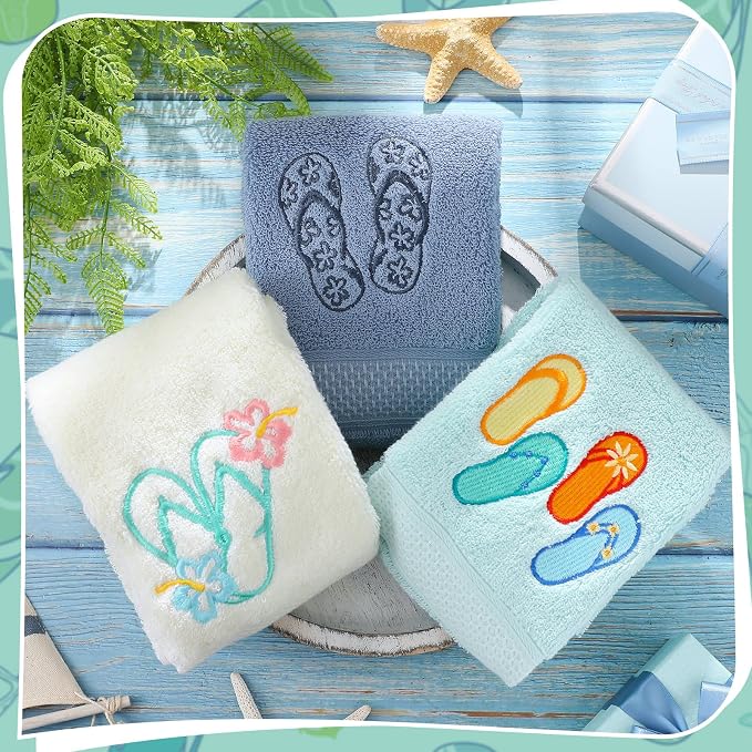 Hahafelt 3 Pack Coastal Hand Towels for Bathroom 100% Cotton Embroidered Beach Bathroom Towels 13.78 x 29.53 Inch Soft Absorbent (Flip Flops)