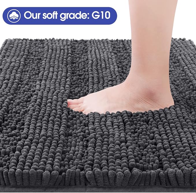 ACCUMTEK Striped Grey Bathroom Rug Mat 36"x24" Ultra Soft, Non Slip Chenille Bath Rugs, Absorbent Plush Shaggy Bath Mats for Bathroom, Bedroom, Kitchen, Shower, Tub,Dark Gray, Charcoal
