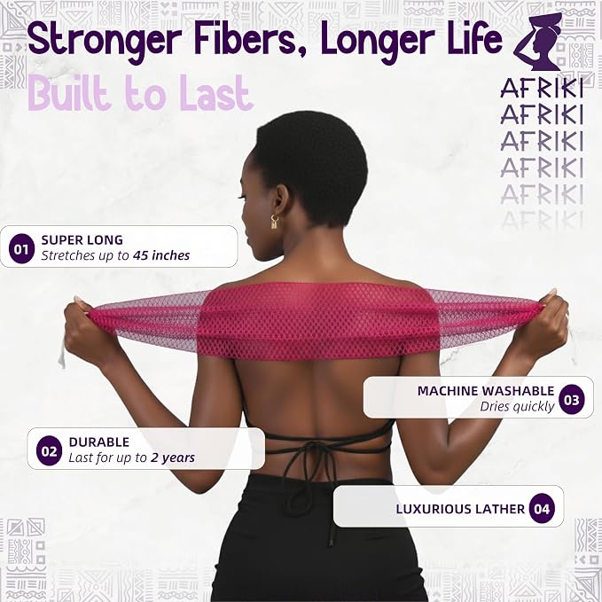 African Net Sponge, Premium Authentic Exfoliating Body Scrubber, Extra Long Stretch Bath Sponge for Shower, Deep Exfoliating Washcloth for Smooth Skin, 1 Pack (Dark Purple)