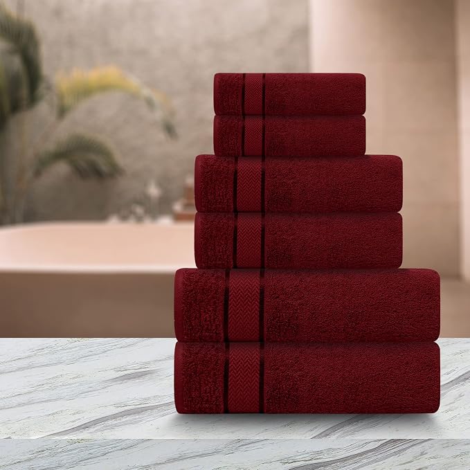 Bath Towels Set-100% Cotton- 2 Bath, 2 Hand & 2 Washcloths- Large, Thick, Fluffy, Absorbent, Quick Dry, Soft & Plush - Home, Pool, Hotel, Gym Towel -6 Piece Luxury Bathroom Towels- Dark Red / Burgundy