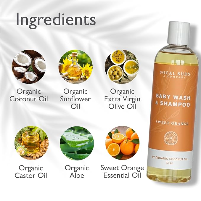 SoCal Suds & Company Organic Baby Shampoo and Body Wash - 2-in-1 Castile Soap, Hypoallergenic, Sensitive Skin, Natural Soap, Toddler Shampoo, Infant, Newborn, Kids Body Wash - 12oz Sweet Orange