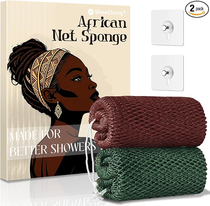 SheeChung African Net Sponge Authentic, Long Exfoliating Wash Cloths Shower Loofah Bath Sponge, 2 Pack Body & Back Scrubber for Women and Men (Dark Green & Brown)