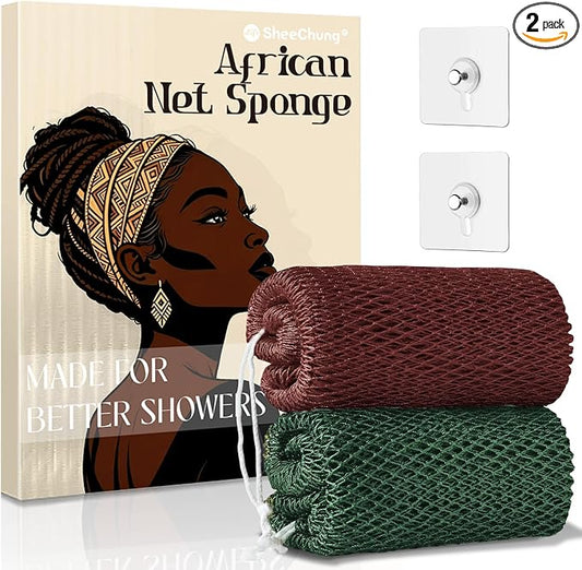 SheeChung African Net Sponge Authentic, Long Exfoliating Wash Cloths Shower Loofah Bath Sponge, 2 Pack Body & Back Scrubber for Women and Men (Dark Green & Brown)