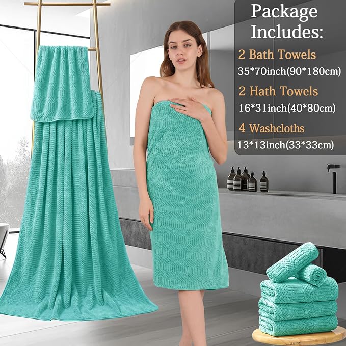 8 Piece Bath Towel Set-2 Oversized Bath Sheets(35"x70"),2 Hand Towels,4 Washcloths-Extra Large Microfiber Towel Sets,Less Lint Highly Absorbent & Quick Dry Bath Towels for Bathroom Gym Pool,Teal Blue