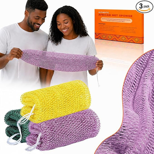 African Net Sponge Authentic, 3 Pcs Real African Exfoliating Net Sponge with Knots for Daily Shower Stretch Back Scrubber for Women and Men Bath Travel Gift Gym Use (Olive Green+Yellow+Light Purple)