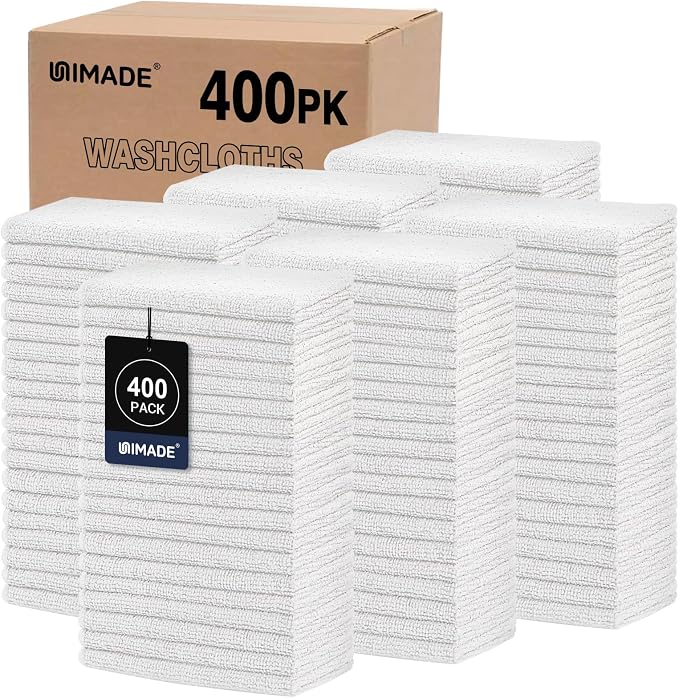 UNIMADE Washcloths Bulk - 400 Pack - Face Towels (12" x 12"), Highly Soft Wash Cloths and Hand Towels, Fast Drying Multi-Purpose Microfiber Cleansing Cloths for Bathroom, Hotel, Spa, and Salon - White