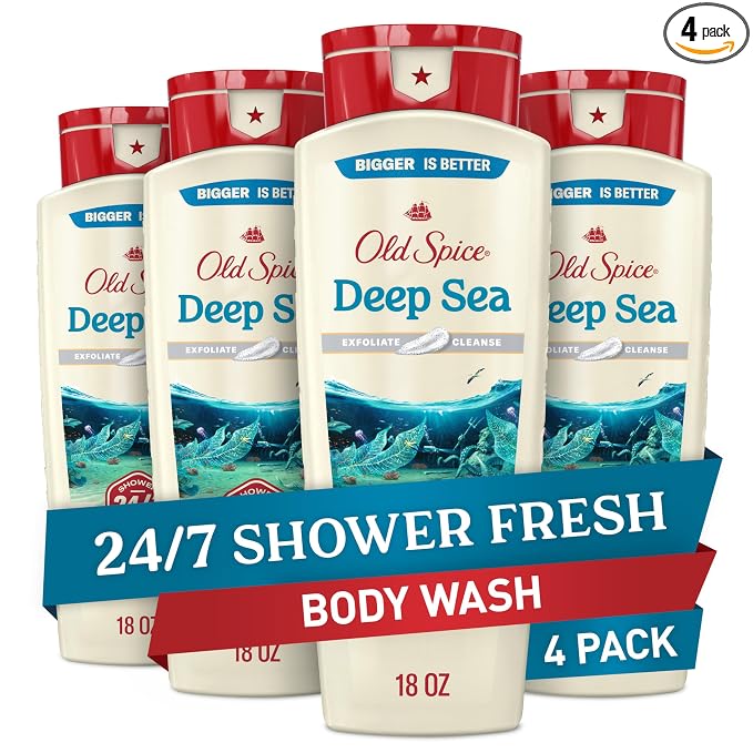 Old Spice Cleansing Body Wash for Men, 24/7 Shower Fresh with Lasting Scent, Exfoliate & Cleanse, Gentle on Skin, Vitamin B3, Deep Sea with Ocean Waves + Kelp Scent, 18 oz (Pack of 4)