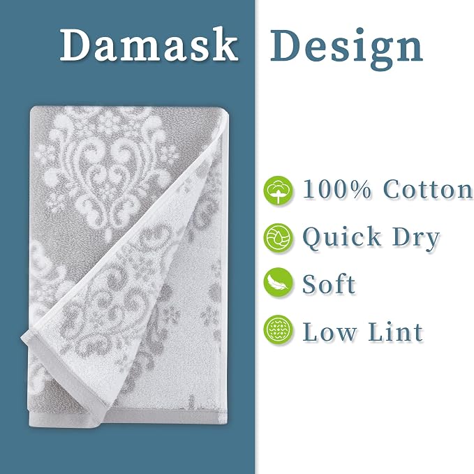 Hand Towels for Bathroom, 4PC 16"x27" - 100% Cotton | Quick Dry | Absorb | Lightweight, Decorative Hand Towels for Showering, Gray Damask Pattern Towel, Bathroom Essentials, Grey and White