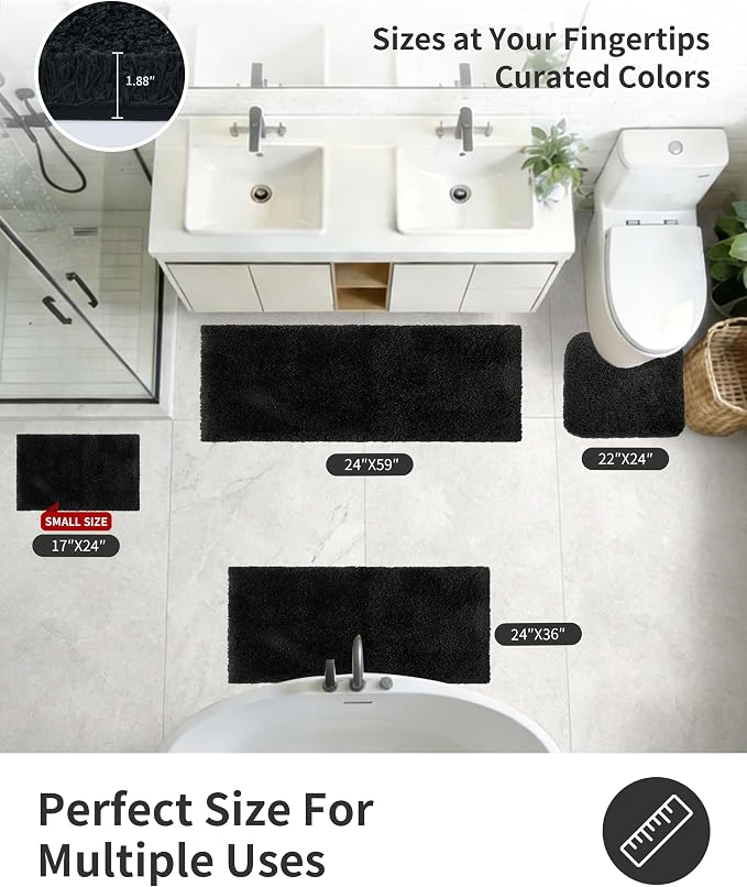 ILANGO Black Bathroom Rugs 36" × 24" Non Slip & Super Absorbent Extra Thick Soft, Washable Bath Mat for Floor, Microfiber Plush Shaggy Bath Rug with Rubber for Bathtub Shower Room Sink