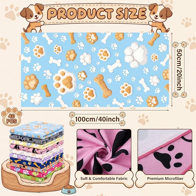 40 Pcs Dog Towels for Drying, 20"x40" Quick Drying Microfiber Pet Bath Towel, Dog Grooming Absorbent Towel with Cute Pattern, Soft Bathrobe for Large Medium Small Puppy Cat