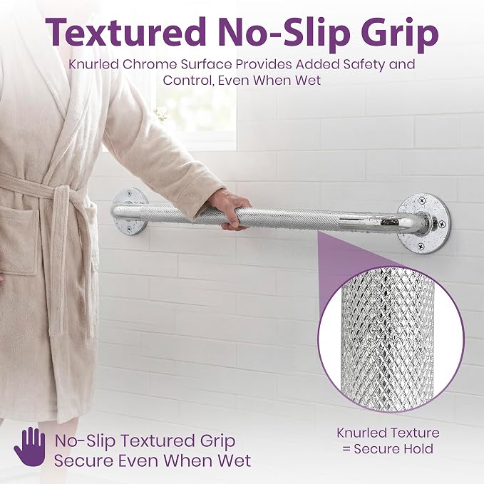18 Inch Grab Bars for Bathtubs and Showers - Chrome Knurled Bathroom Safety Rail Handle - Non Slip Textured Grip Handicap Grab Bar for Seniors, 250 lbs Weight Support Capacity