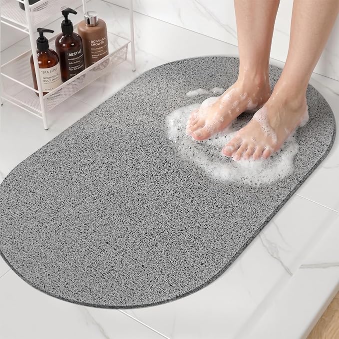 HITSLAM Oval Loofah Shower Mat Non Slip, 27x16 Inch, Grey | Bath Mat for Textured Tub & Inside Shower Stall, No Suction Cups Quick Drying PVC Porous Floor Mat, Soft Foot Exfoliating