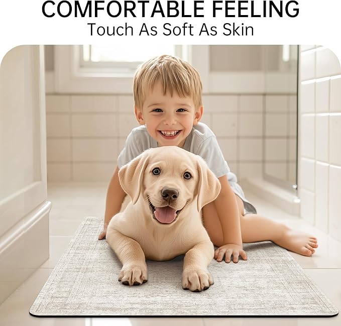 Mecko Bath Mat, Ultra Absorbent Quick Dry Bathroom Floor Mats-Rubber Non-Slip Thin Bathroom Rug Fit Under Door, Faux Suede Surface Shower Rug for Bathtub, Sink, Shower Room(Beige/Brown,20"x32")