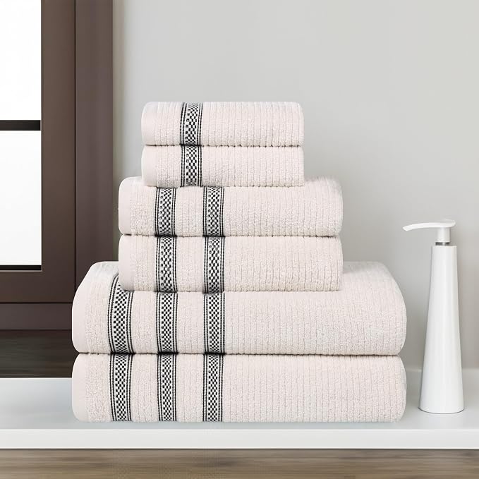 Superior Cotton 6-Piece Towel Set, Zero Twist, Ribbed Geometric, Bathroom Essentials, Shower, Spa, Luxury Plush Soft Absorbent Towels, Includes 2 Bath, 2 Hand, 2 Washcloth/Face Towels, Stone