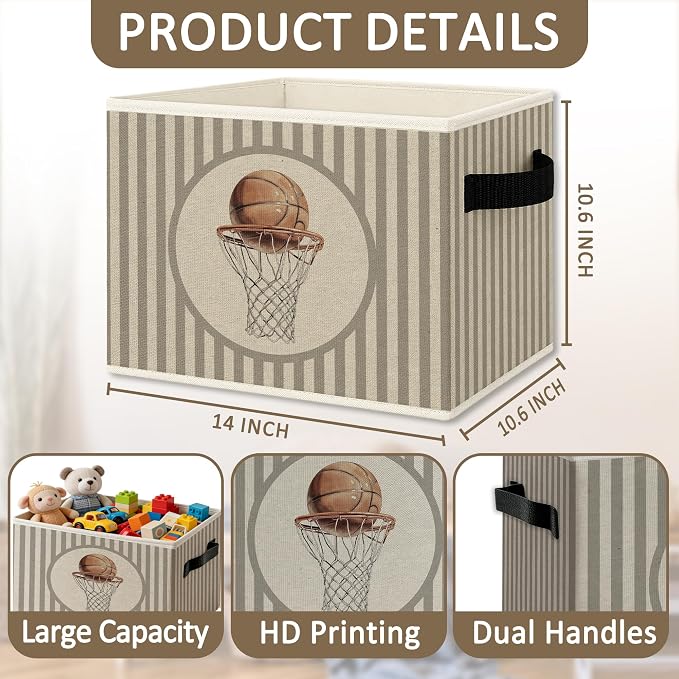 Vintage Basketball Boy Storage Bins Box with Handles, Sports Kids Decor for Boys, Neutral Striped Basketball Collapsible Organizer Basket for Kids Nursery Room Bedroom Playroom Toys Books