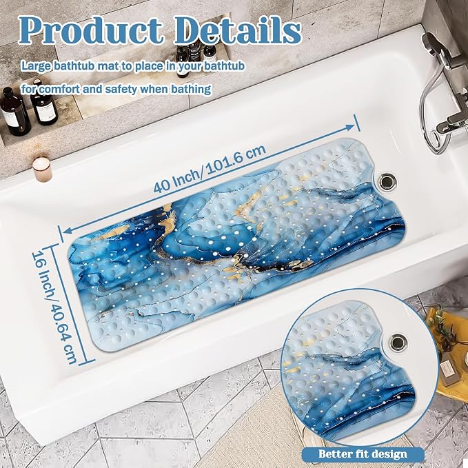 Marble Bath Tub Mat Non Slip, Blue Marble Non Slip Bath Mat for Shower, Large Washable Shower mats for Showers with Drain Holes and Suction Cups,40 X 16 Inch