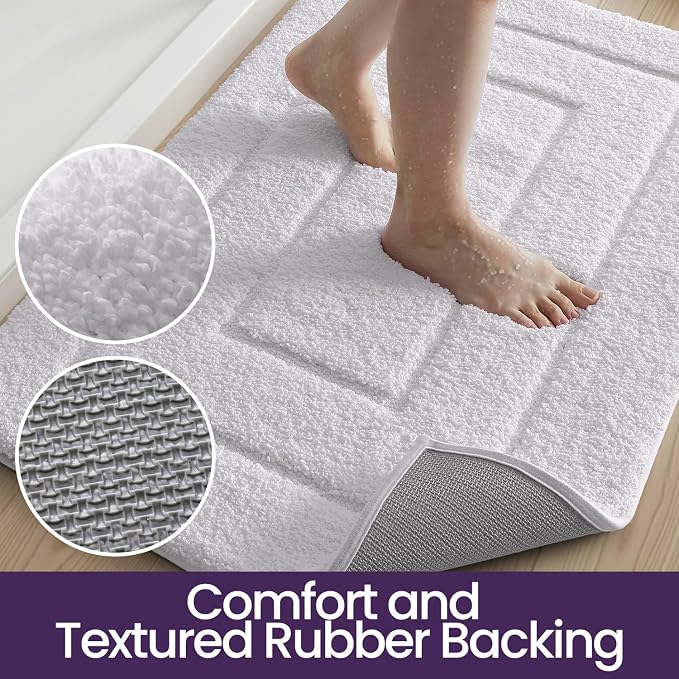 DEXI Small Bathroom Rug 24x16, Non Slip Washable Bath Mat for Shower Floor, Absorbent Soft Bathmat with Rubber Backing, Quick Dry Microfiber Carpet, White