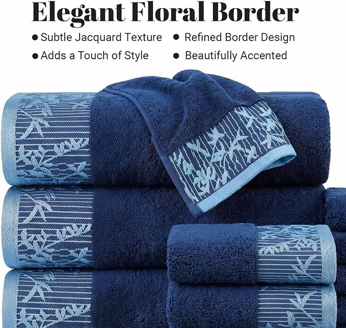 Superior Floral Jaquard Cotton Bathroom Towels, 3pc Towel Set, Navy Blue | Soft Absorbent Quick Dry Terry Weave, Hotel Quality, Wisteria Towels Includes 1 Bath Towel, 1 Hand Towel, 1 Face Washcloth