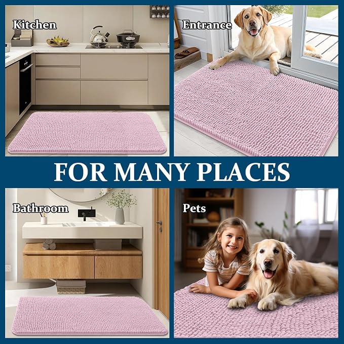 OLANLY Dog Door Mat for Muddy Paws 45x27, Absorbs Moisture and Dirt, Absorbent Non-Slip Washable Doormat, Quick Dry Chenille Mud Mat for Dogs, Entry Indoor Entryway Carpet for Inside Floor, Dusty Rose
