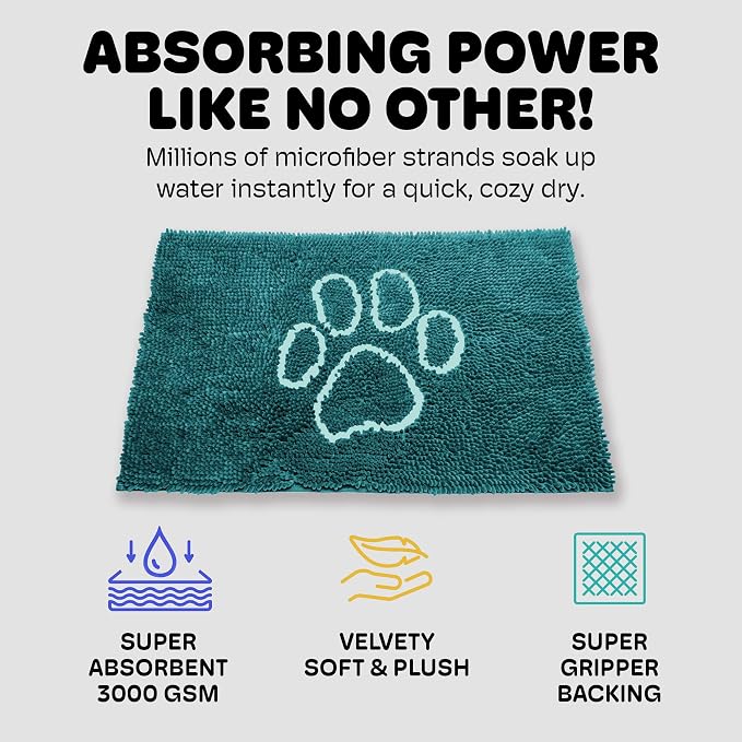 Dog Gone Smart Dirty Dog Doormat - Fast Drying Rug with Super Gripper Backing for Clean Floors - Super Absorbent and Machine Washable Mat for Muddy Paws - Petrol
