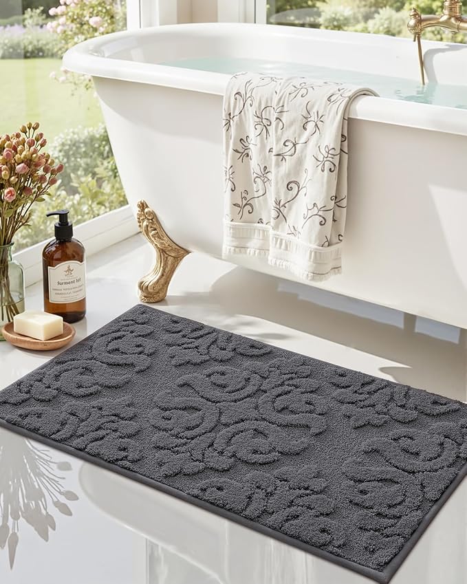 DEXI Bathroom Rug 43x24, Non Slip Washable Bath Mat for Shower Floor, Absorbent Soft Bathmat with Rubber Backing, Plush Fluffy Microfiber Floral Retro Carpet, Dark Grey