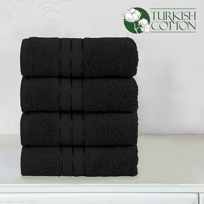 Elegant Comfort Three Line Popcorn Towel Set for Bathroom 16 x 28 inches, Premium Hotel Quality 4-Pack Hand Towels, 100% Turkish Cotton, Soft and Durable, Quick Dry and Highly Absorbent, Black