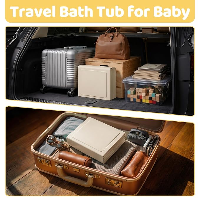 Collapsible Baby Bathtub for Newborn to Toddler, Foldable Toddler Bathtub with Drain Plug, Non-Slip Portable Infant Bath Tub for Travel, Storage & Outdoor Use, Warm Beige