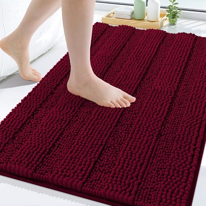 Grandaily Chenille Striped Bathroom Rugs 59x20, Extra Thick and Soft Absorbent Bath Mats, Rubber Backing, Plush Shaggy Shower Carpet, Machine Wash Dry, Bath Rug for Bathroom, Wine Red