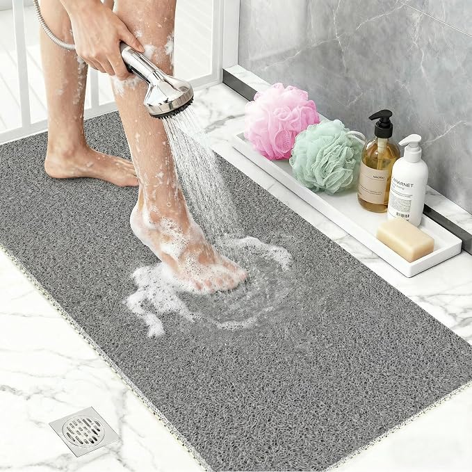 BLESWIN PVC Loofah Shower Mat 24"x16", Soft Textured Non Slip Bath Mats for Inside Shower, Shower Mats with Drain, Washable, Quick Drying Bath Mats for Bathroom Wet Areas, Grey