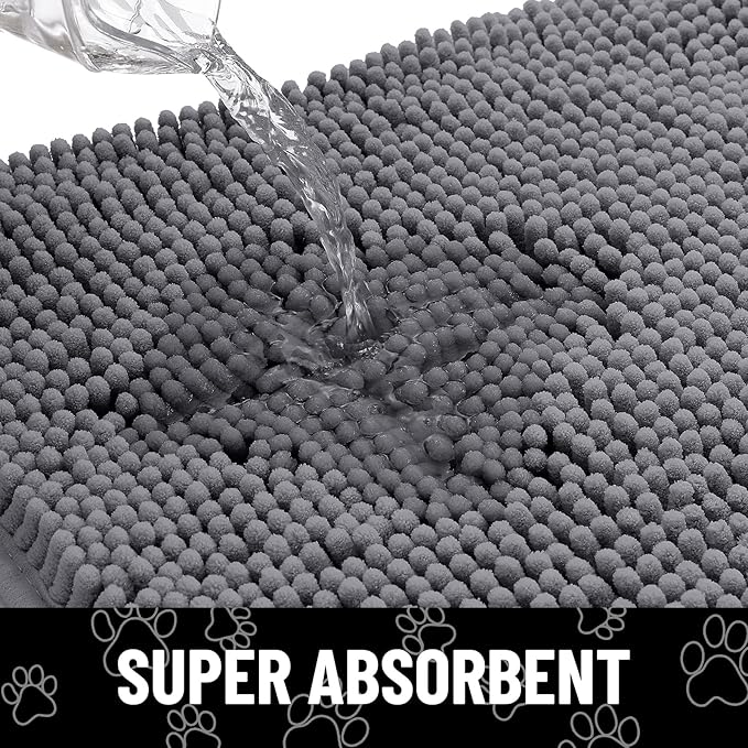 Smiry Dog Door Mat for Muddy Paws, Absorbent Dirt Trapper Non Slip Quick Dry Washable Chenille Mat for Mud Dogs, Entry Rug for Indoor and Outdoor (71x46 Inches, Dark Grey and Black)