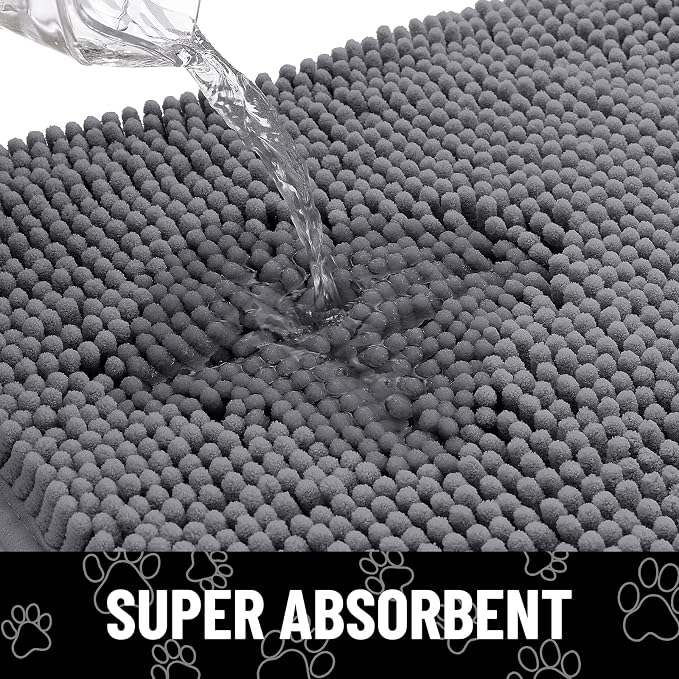 Smiry Dog Door Mat for Muddy Paws, Absorbent Dirt Trapper Non Slip Quick Dry Washable Chenille Mat for Mud Dogs, Entry Rug for Indoor and Outdoor (47x32 Inches, Dark Grey and Black)