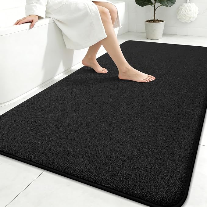 Smiry Memory Foam Bath Mat 71x47, Extra Soft Bathroom Rug, Ultra Absorbent, Quick Dry, Machine Washable Bathroom Mat for Shower, Tub & Floor Decor, Black