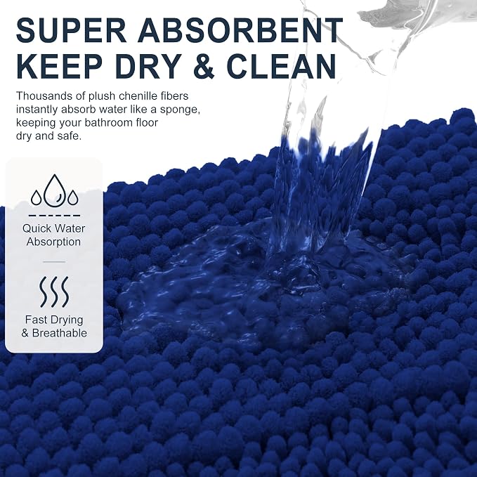 Smiry Thick Chenille Large Bathroom Rugs 40x24, Extra Soft Absorbent Striped Bath Mat, Machine Washable, Rubber Backing, Bath Rugs for Bathroom, Tub & Shower, Home Decor Accessories, Navy