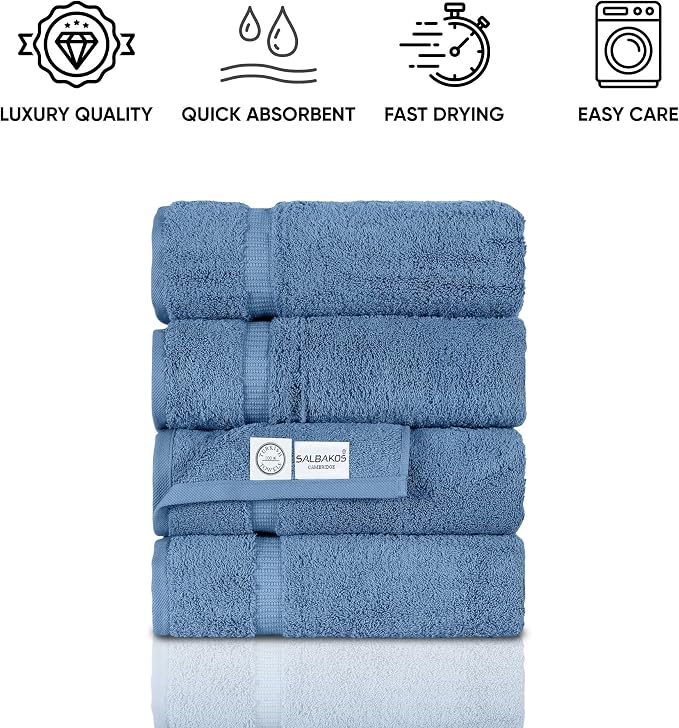 SALBAKOS 100% Turkish Cotton Bath Towels | 4 Piece Turkish Bath Towels Blue 27x54 in Standard Size | Premium Hotel Quality, Super Absorbent, Thick & Plush Turkish Bath Towel (Blue, 4 Bath Towels)