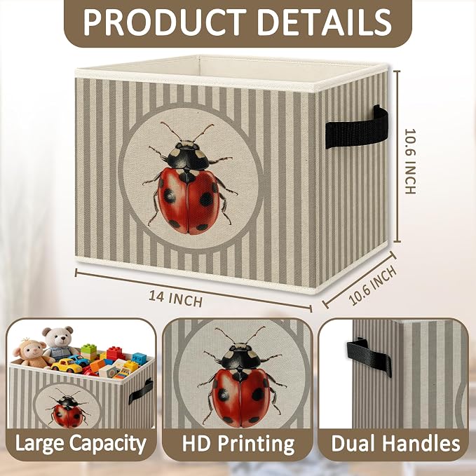 Kids Nursery Ladybug Foldable Storage Bins Box with Handles, Neutral Striped Ladybug Insect Collapsible Organizer Basket for Kids Bedroom Bathroom Playroom Clothes Books