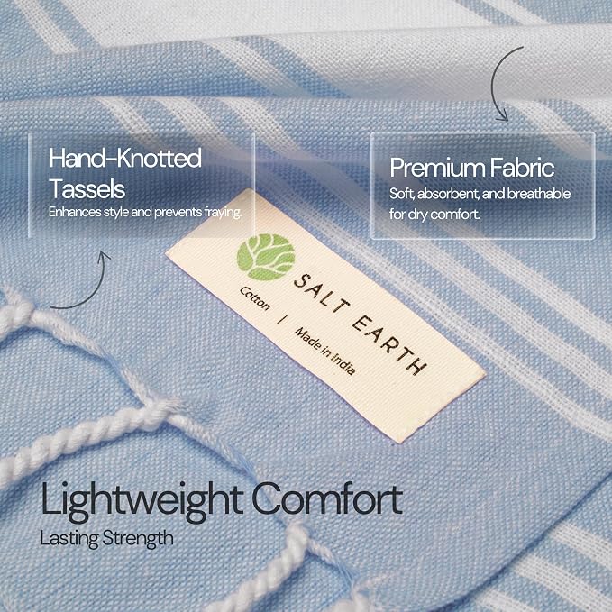 Salt Earth Cotton Turkish Beach Towel (Set of 4, 36"x72") - Soft, Quick Dry, Sand Resistant, Absorbent Towels for Bathroom, Home, Travel, Pool, Spa, Bath, Swim - Beach Towels Oversized (Sky Blue)
