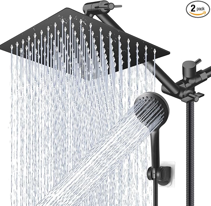 High/Low Pressure Water Rain Shower Head with 11 Inch Adjustable Extension Arm and 5 Settings Handheld Shower Head Combo,Powerful Shower Spray - Matte Black, 12 Inch
