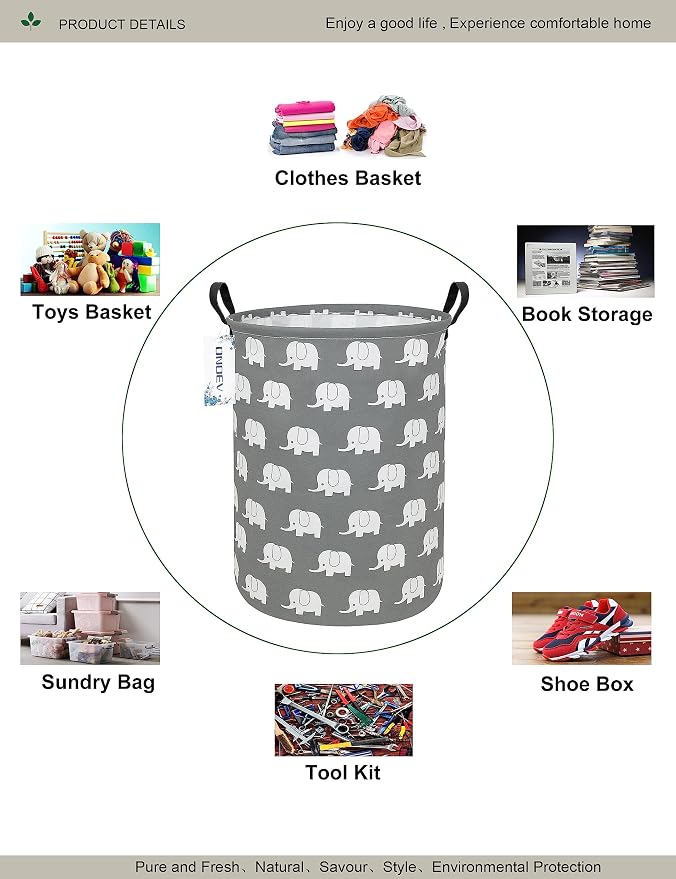 Round Elephant Laundry Hamper, Household Storage Bin | waterproof foldable canvas bin with sturdy grip handles, large capacity, tidy organizer for bath linens and kids garments