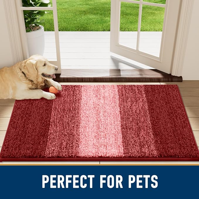 Smiry Dog Door Mat for Muddy Paws, Absorbs Moisture and Dirt, Low-Profile Entryway Mat with Non-Slip Backing, Entry Indoor Outdoor Doormat for Inside Floor (59x32 Inches, Burgundy, Striped)
