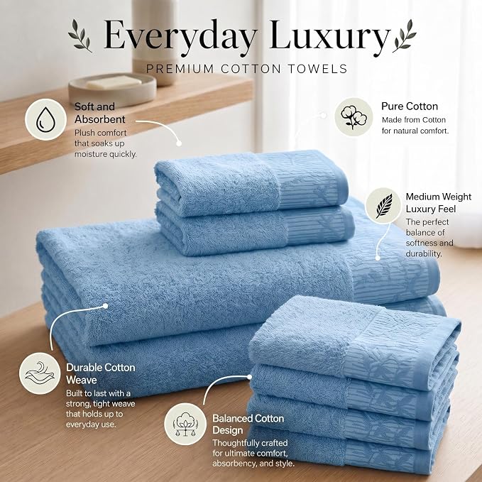 Superior Floral Jaquard Cotton Bath Towels, 2pc Towel Set, Waterfall Blue | Soft Absorbent Quick Dry Terry Weave, Machine Washable Breathable Premium Hotel Quality, Wisteria Towels, Large 2 Bath Towel