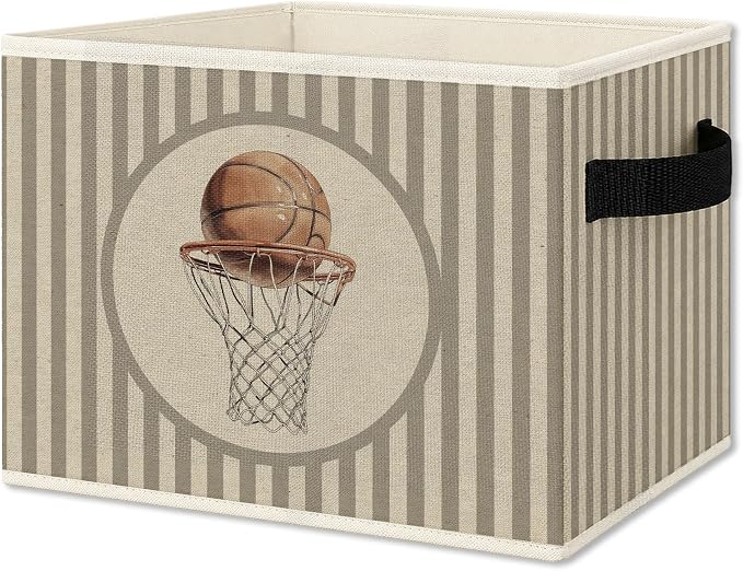 Vintage Basketball Boy Storage Bins Box with Handles, Sports Kids Decor for Boys, Neutral Striped Basketball Collapsible Organizer Basket for Kids Nursery Room Bedroom Playroom Toys Books
